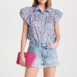 Sundry blue and coral floral flutter sleeve blouse - size 1 small